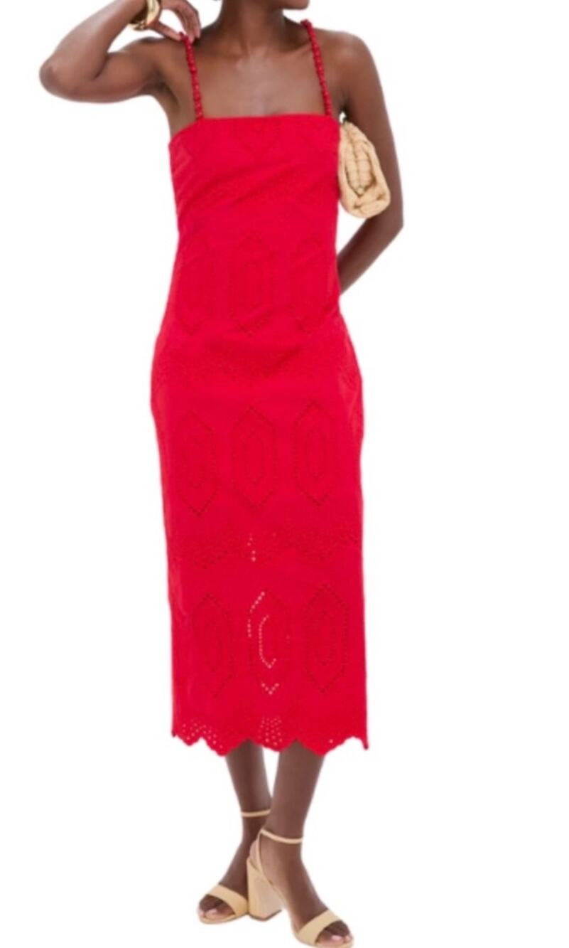 Hyacinth House Midi Dress Red Cotton Eyelet Beaded Strap NWT size XS